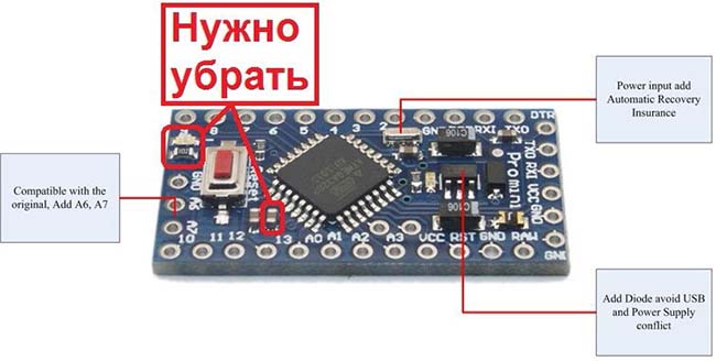 необходимо выпаять на плате Arduino Pro Mini детали